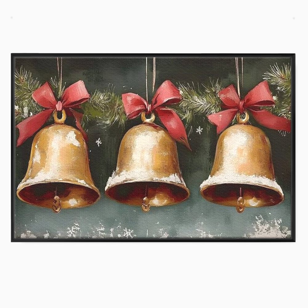 Tablou canvas cu pictura cu clopote aurii de craciun, in rama de aluminiu negru